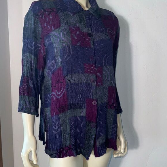Vintage 90’s Purple Oversized Short Sleeve Button Down Funky Print Short Sleeve - Picture 3 of 11